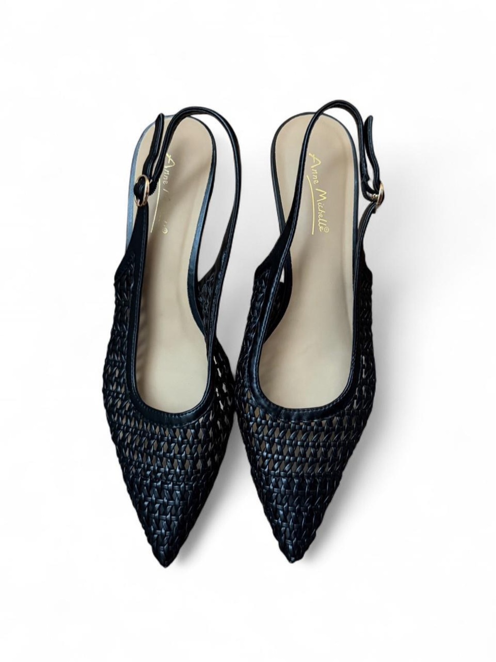 Anne Michelle Black Woven Pointed Slingback Flats